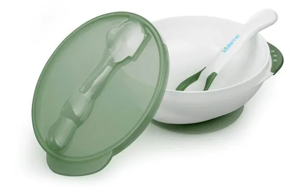 Kidsme - Prato Fundo com Ventosa e Colher de Temperatura Verde