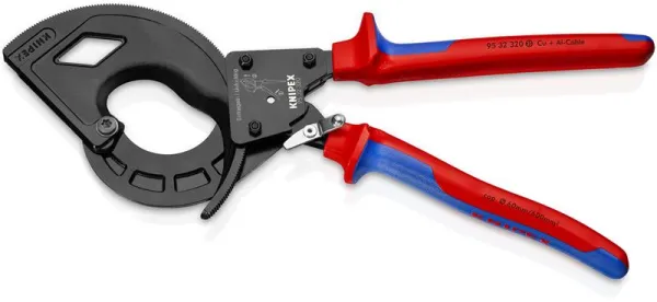 Tesoura de cabos Knipex (princípio de catraca, 3 velocidades) preta atramentada, com cabo multicomponente 320 mm