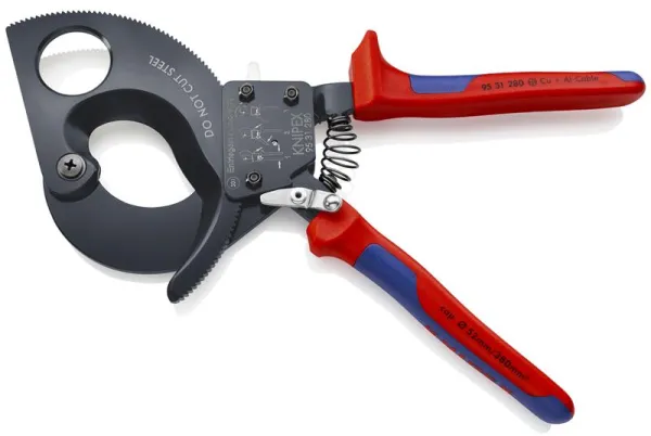 Tesoura de cabos Knipex (princípio de catraca) pintada de preto, com cabo multicomponente 280 mm