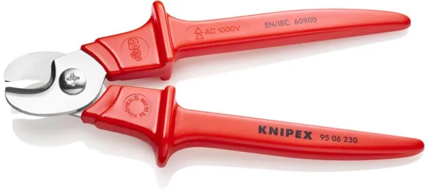 Tesoura de cabos Knipex com cabos injetados em plástico isolado, injetados em plástico, aprovado pela VDE 230 mm