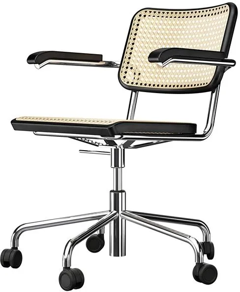Thonet S 64 VDR Cadeira de escritório giratória com apoios de braço Cromado/Madeira de faia tingida de preto
