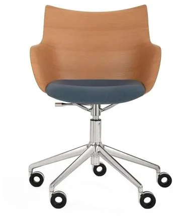 Kartell Q/Wood Cadeira de Escritório Cromada/Madeira Clara com Estofamento Azul