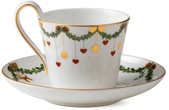 Royal Copenhagen Stjerne Riflet Natal xícara com alça alta e pires - 24 cl