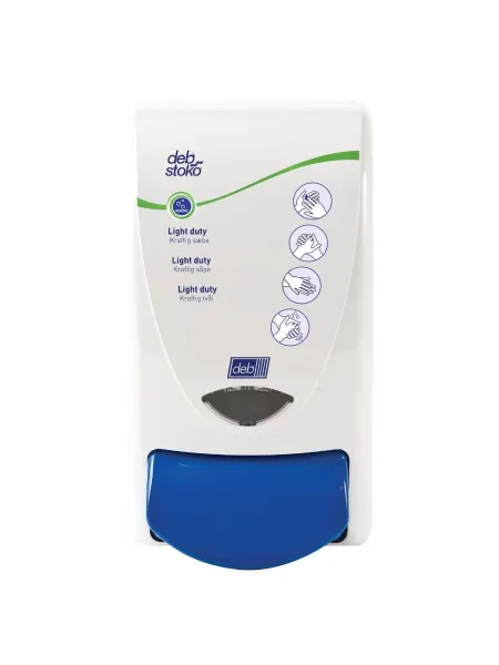 Dispensador Deb Stoko Cleanse Light para sabonete cremoso com efeito de limpeza, plástico branco com botão azul, 1 L