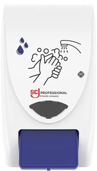 Dispenser Deb Stoko Cleanse Light para sabonete cremoso com efeito de limpeza, plástico branco com botão azul, 2 L